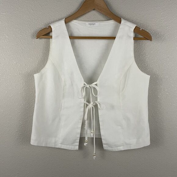 Peppermayo Womens 4 Ivory Linen Blend Tina Vest Top Tie Front - Picture 2 of 6